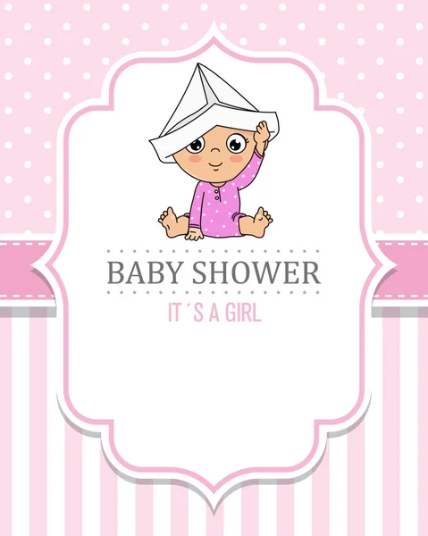 Baby Girl Playing Paper Cap Baby Shower Card — Stock Vector