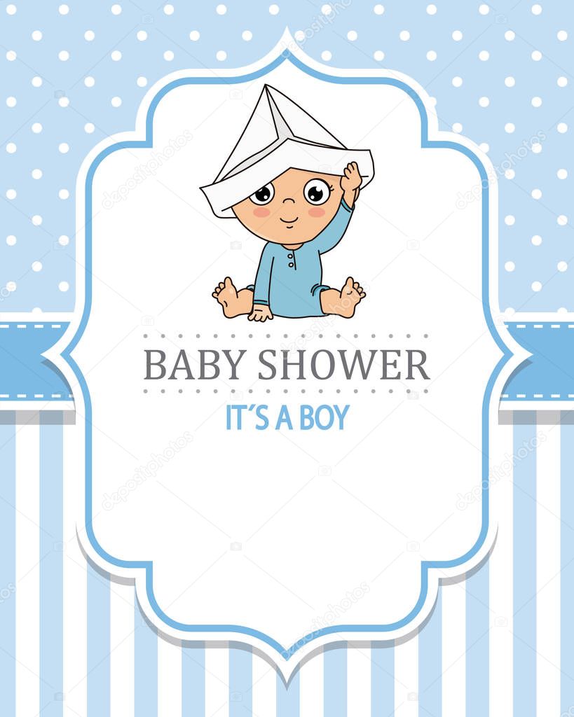 Baby boy playing with a paper cap. baby shower card.