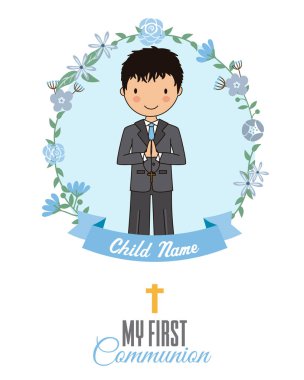 İlk komünyonumu davet edin. Bir çiçek çerçevesi içinde Boy