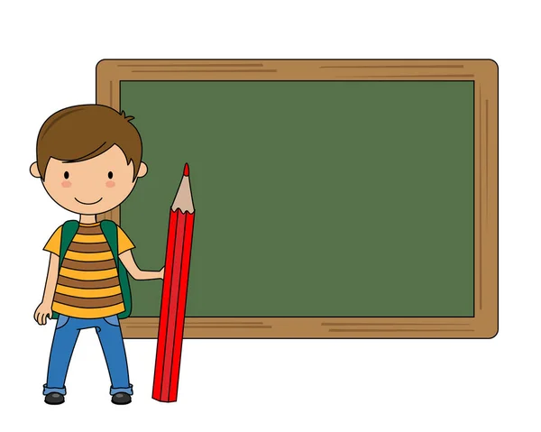 バックパックと鉛筆を手に持った少年で 黒板を背景にしています テキスト用のスペース — ストックベクタ