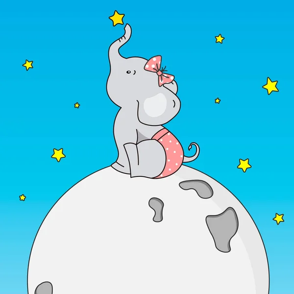 Elefant Sitzt Auf Dem Mond Und Versucht Einen Stern Fangen — Stockvektor