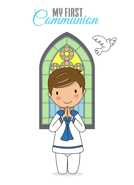 Einladung Zur Erstkommunion Junge Betet Mit Kirchenfenster Hinter Sich — Stockvektor