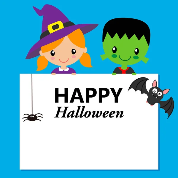 Halloween Card Children Dressed Witch Monster — Stock Vector