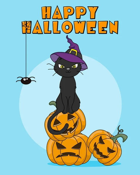 Halloween Card Cat Witch Hat Sitting Top Pumpkins — Stock Vector