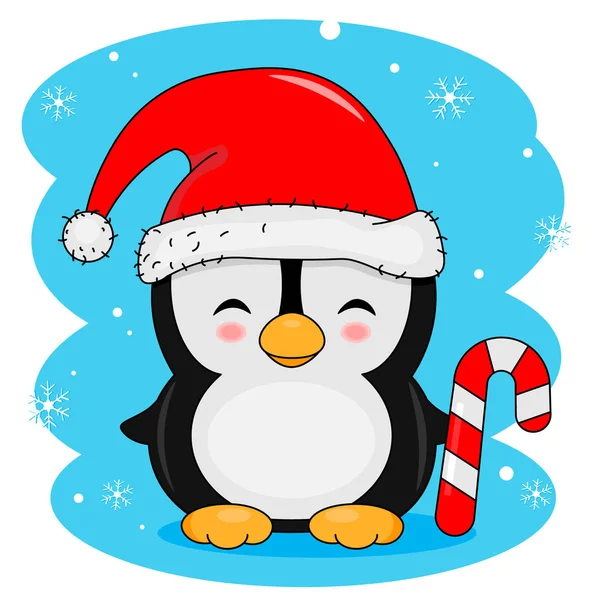 Christmas Card Smiling Penguin Santa Hat Candy — Stock Vector