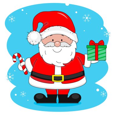 Hediye ve elinde bir şeker ile Gülümseyen Noel Baba