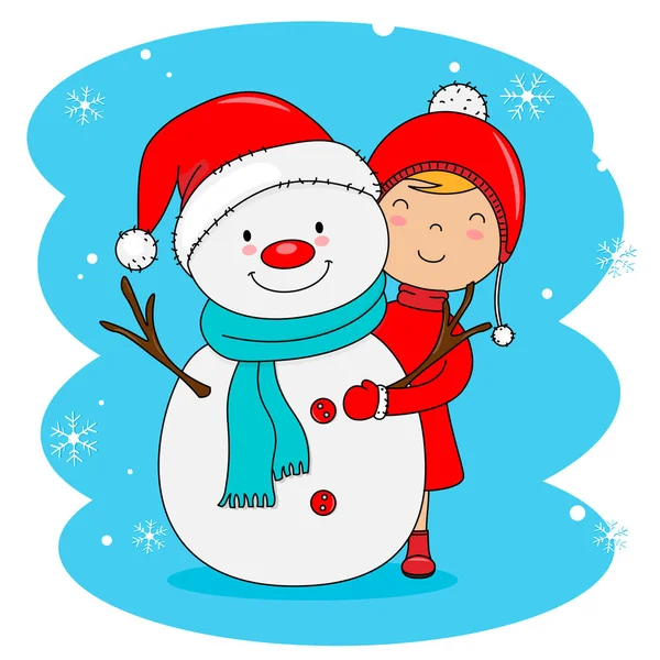 Різдвяна Листівка Маленька Дівчинка Сніговиком — стоковий вектор