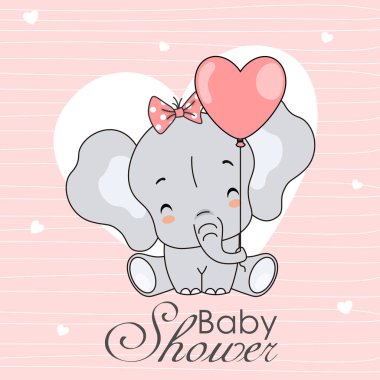 Bebek duş davetiyesi. Pembe arka plan ve kalpleri ile sevimli fil