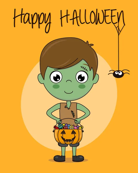 Happy Halloween Boy Dressed Monster Pumpkin Candies — Stock Vector