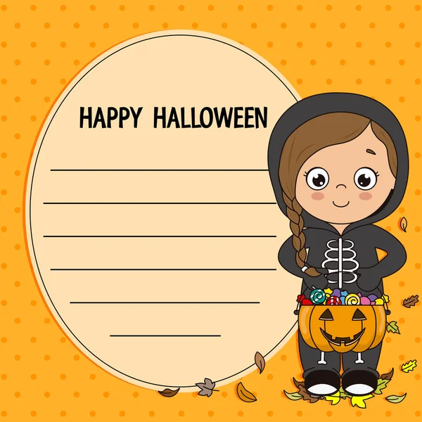 Happy Halloween Little Girl Dressed Skeleton Pumpkin Candies Space Text — Stock Vector