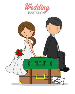 Düğün kartı. Gelin ve damat seyahat çantalarının üstünde oturuyorlar.