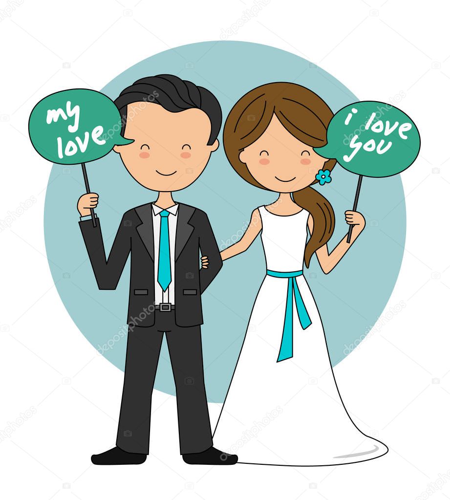 Wedding card. Wedding couple with signs with love messages