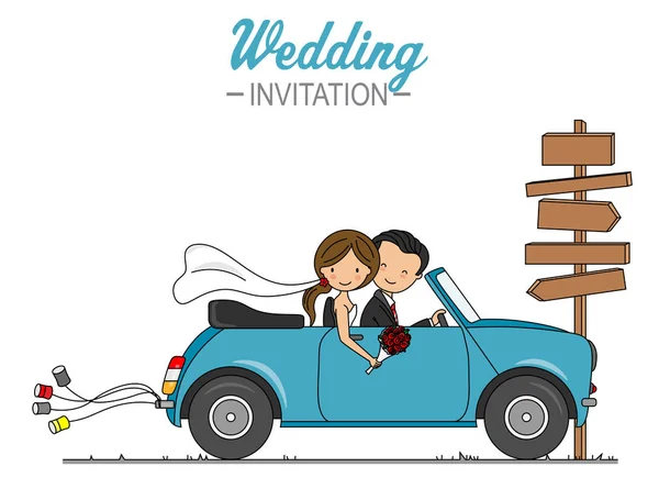婚礼卡片 在车里结婚的夫妻 — 图库矢量图片