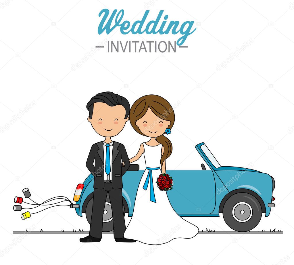 Wedding card. Wedding couple in front of the car