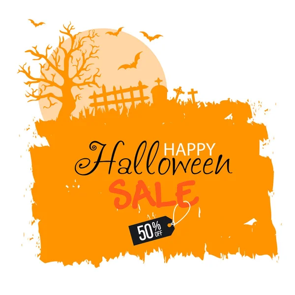 Bannière Vente Halloween Cimetière Silhouette Noire Avec Fond Orange — Image vectorielle