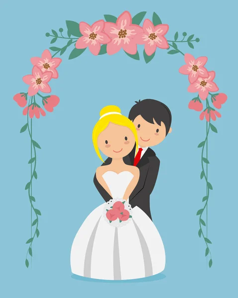 Karta Ślubna Ślub Para Przytula Wewnątrz Kwiat Łuku — Wektor stockowy
