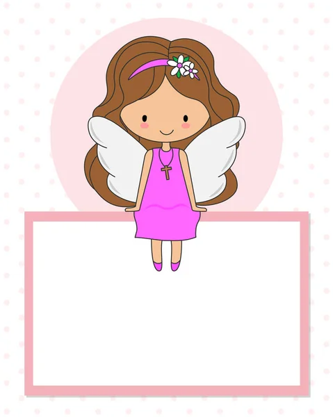 Winged Girl Sitting Blank Frame Communion Christening Card — Stock Vector
