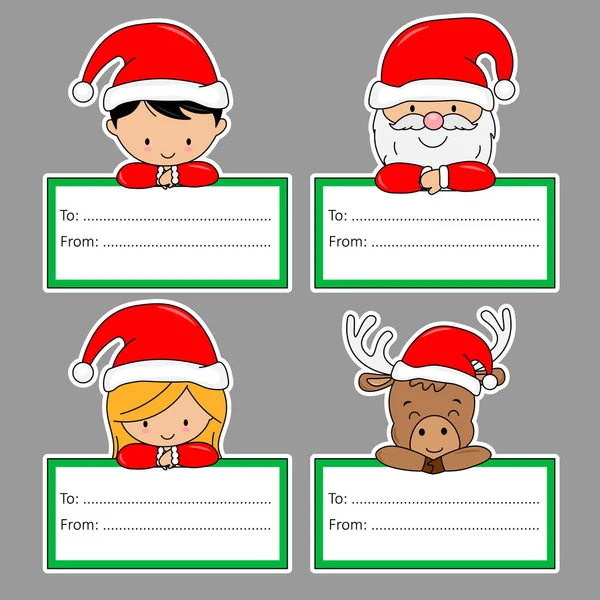 Установить Рождественские Ярлыки Дети Санта Клаус Олени Рамками — стоковый вектор