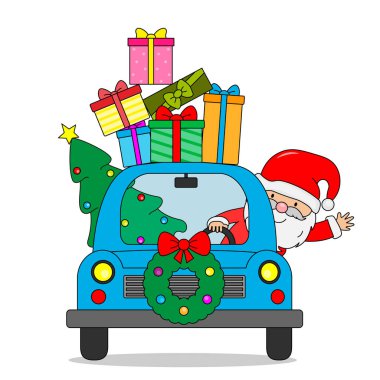Santa Claus in car with lots of presents and Christmas tree. isolated vector