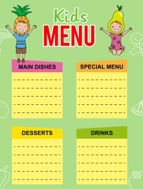 Poster çocuk menüsü. Metin için meyve ve yer gibi giyinmiş çocuklar