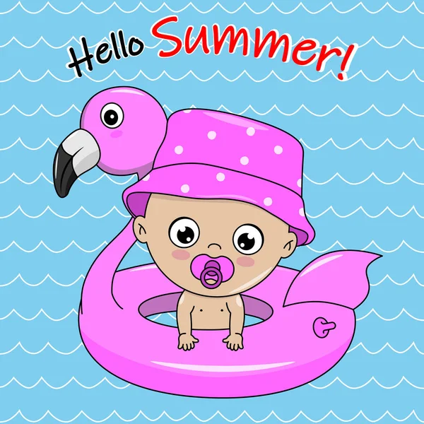 Happy Summer Card Baby Girl Flamingo Float — Stock Vector
