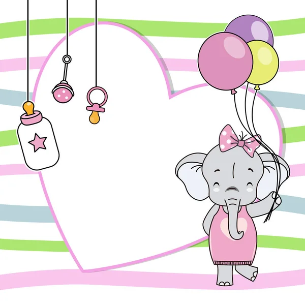 Carte Douche Bébé Fille Éléphant Avec Ballons Espace Pour Texte — Image vectorielle