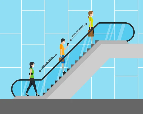 People Climbing Escalator Social Distance Covid Prevention — Stock Vector