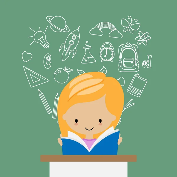 Back School Girl Reading Background Education Icons — Stock Vector