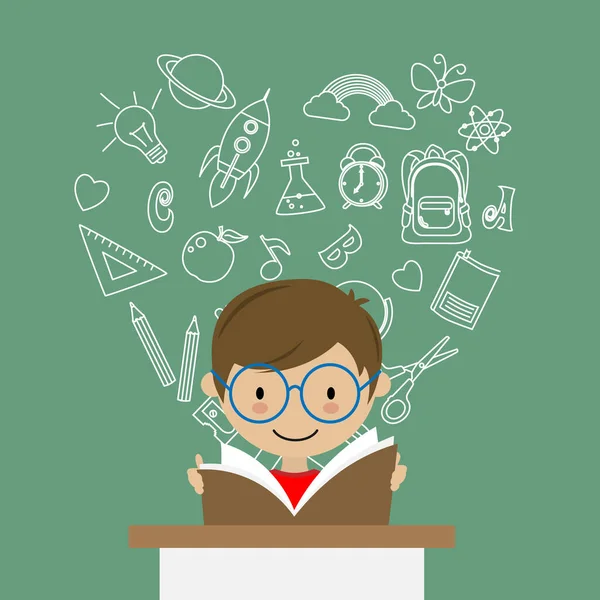 Back School Boy Reading Background Education Icons — Stock Vector