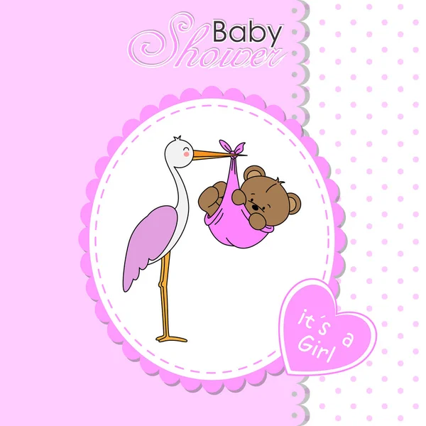 Baby Girl Shower Card Stork Baby Bear — Stock Vector