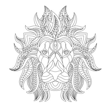 Aslan kafası boyama kitabı illüstrasyonu. Yetişkinler için stres önleyici boya. siyah ve beyaz çizgiler. Tişört ve boyama kitapları için yazdır.