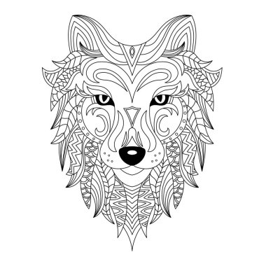Kurt kafası boyama kitabı illüstrasyonu. Yetişkinler için stres önleyici boya. siyah ve beyaz çizgiler. Tişört ve boyama kitapları için yazdır.