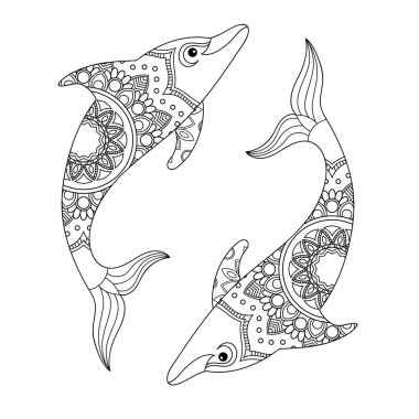Boyama kitabı illüstrasyonu için yunus. Yetişkinler için stres önleyici boya. siyah ve beyaz çizgiler.