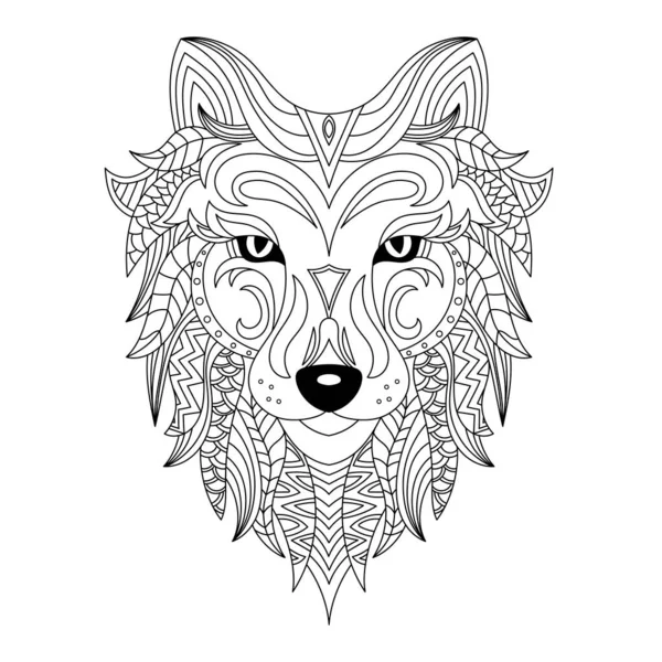 Wolf Head Malbuch Illustration Antistress Farbstoff Für Erwachsene Schwarz Weiße — Stockvektor