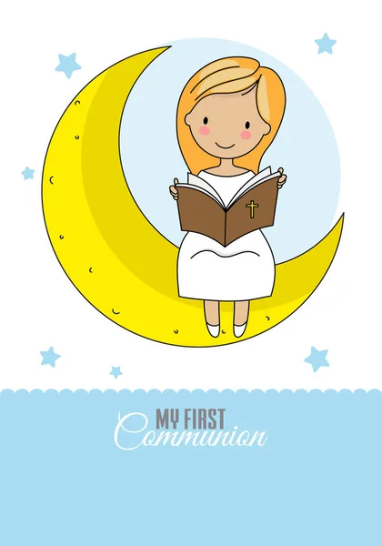 Invitation First Communion Girl Sitting Moon Reading Bible — Stock Vector