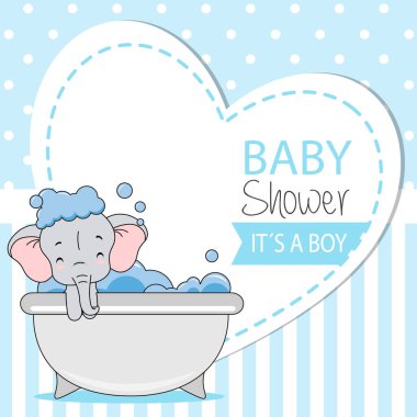 Küvette bir fil var. Bebek partisi kartı. O bir erkek.