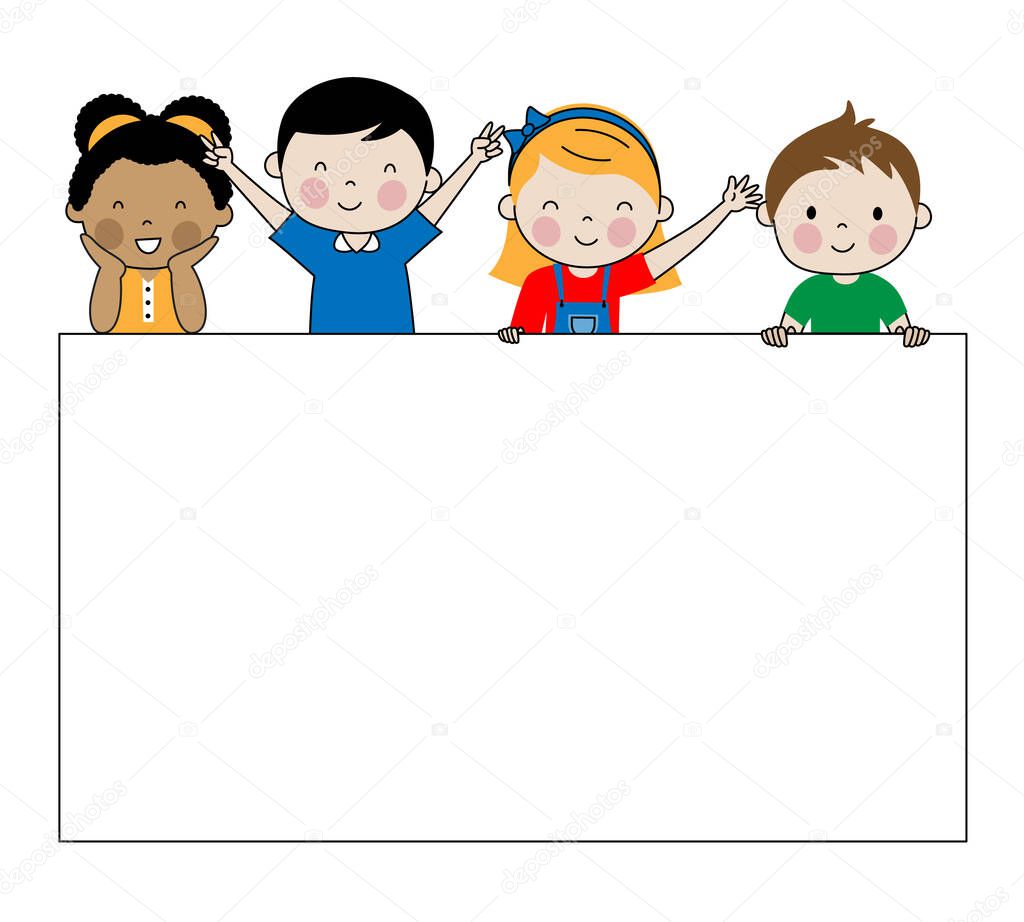 Group of children with blank frame for text or photo. Isolated vector