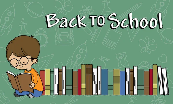 Zpátky Školy Chlapec Čte Zelené Pozadí Ikonami Vzdělávání — Stockový vektor