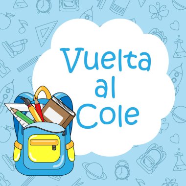 Okul kartına dönelim. Metin için alanı olan çerçeve. İspanyolca yazılmış okula dönüş.