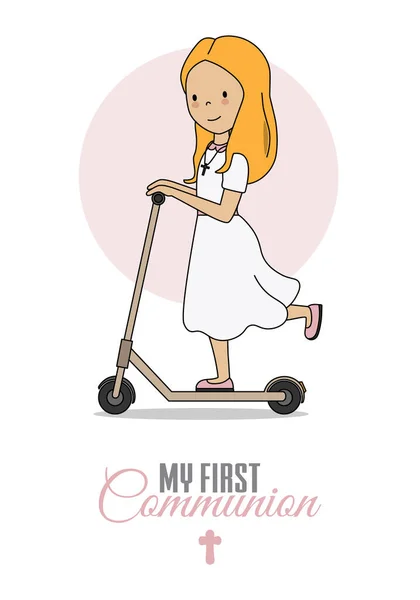 First Communion Card Girl Scooter Isolated Vector — Stock Vector