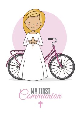 İlk komünyon kartı. Bisikletli kız. İzole vektör