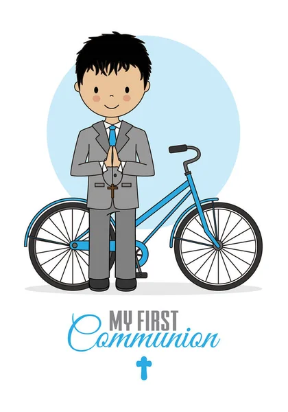 First Communion Card Boy Bicycle Isolated Vector — Stock Vector