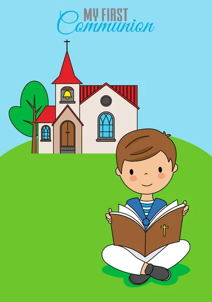 Tarjeta Primera Comunión Niño Leyendo Biblia Con Iglesia Detrás — Vector de stock