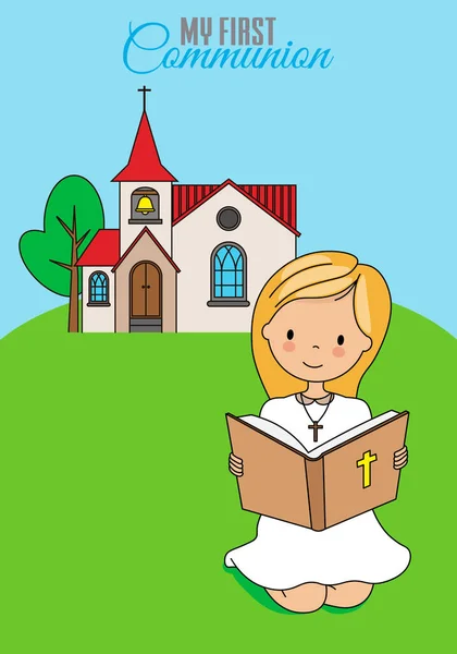 Tarjeta Primera Comunión Chica Leyendo Biblia Con Iglesia Detrás — Archivo Imágenes Vectoriales
