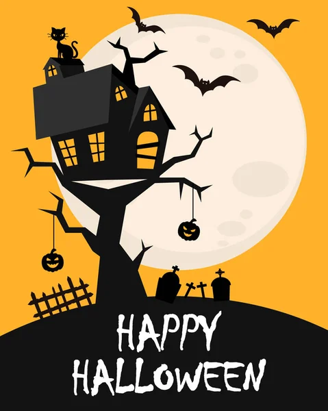 Happy Halloween Card Scary House Top Tree — Stock Vector