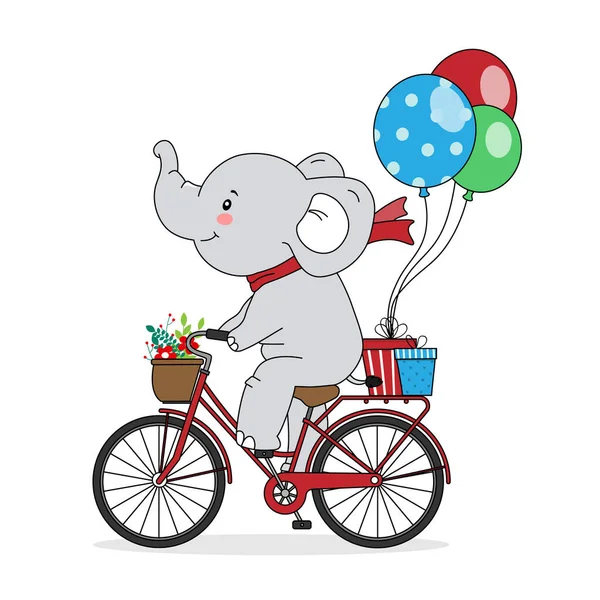 Elefante Bicicletta Con Palloncini Regali Vettore Isolato — Vettoriale Stock