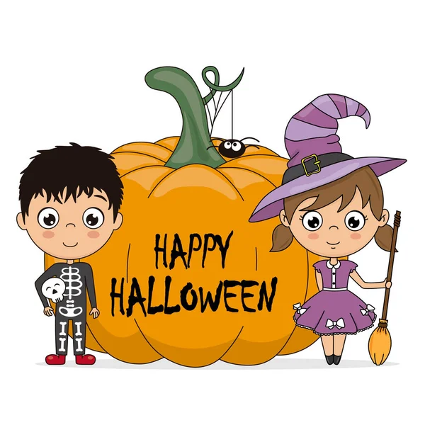 Halloween Card Children Dressed Witch Skeleton Next Pumpkin — Stock Vector