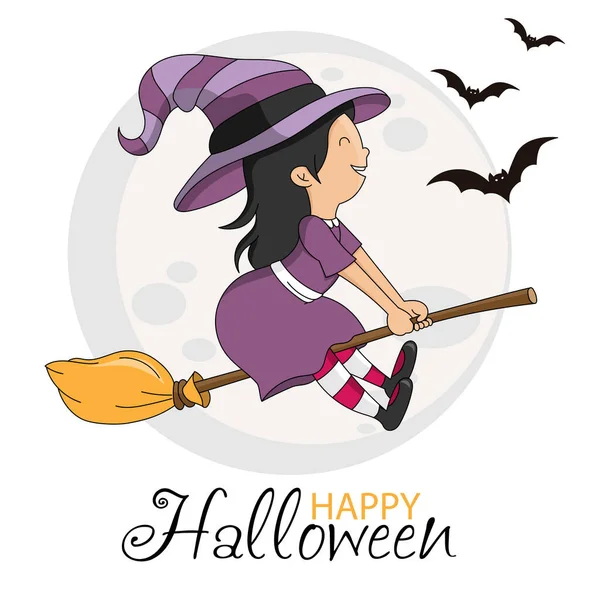 Tarjeta Halloween Bruja Chica Volando Escoba — Archivo Imágenes Vectoriales