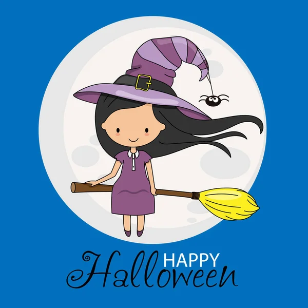 Halloween Card Witch Girl Flying Broomstick — Stock Vector