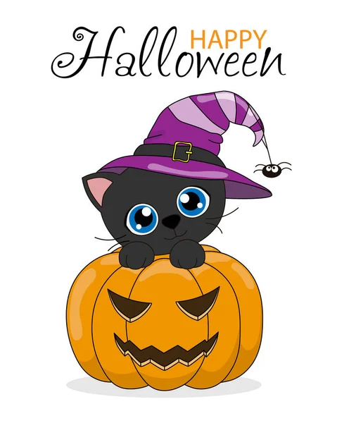 Happy Halloween Card Black Cat Witch Hat Top Pumpkin — Stock Vector